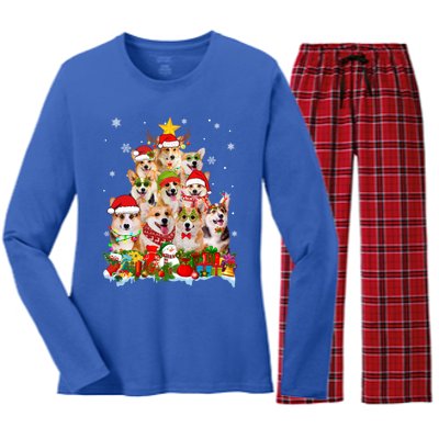 Corgi Dog Christmas Tree Lights Xmas Santa Hat Gift Women's Long Sleeve Flannel Pajama Set 