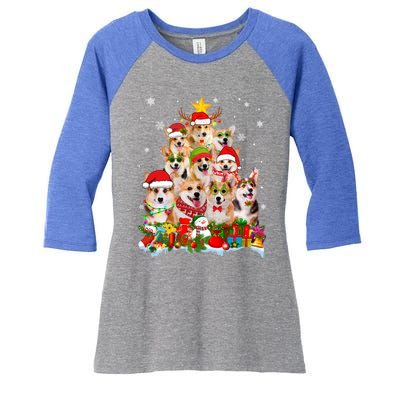 Corgi Dog Christmas Tree Lights Xmas Santa Hat Gift Women's Tri-Blend 3/4-Sleeve Raglan Shirt