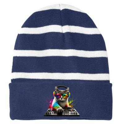 Cat DJ Striped Beanie with Solid Band