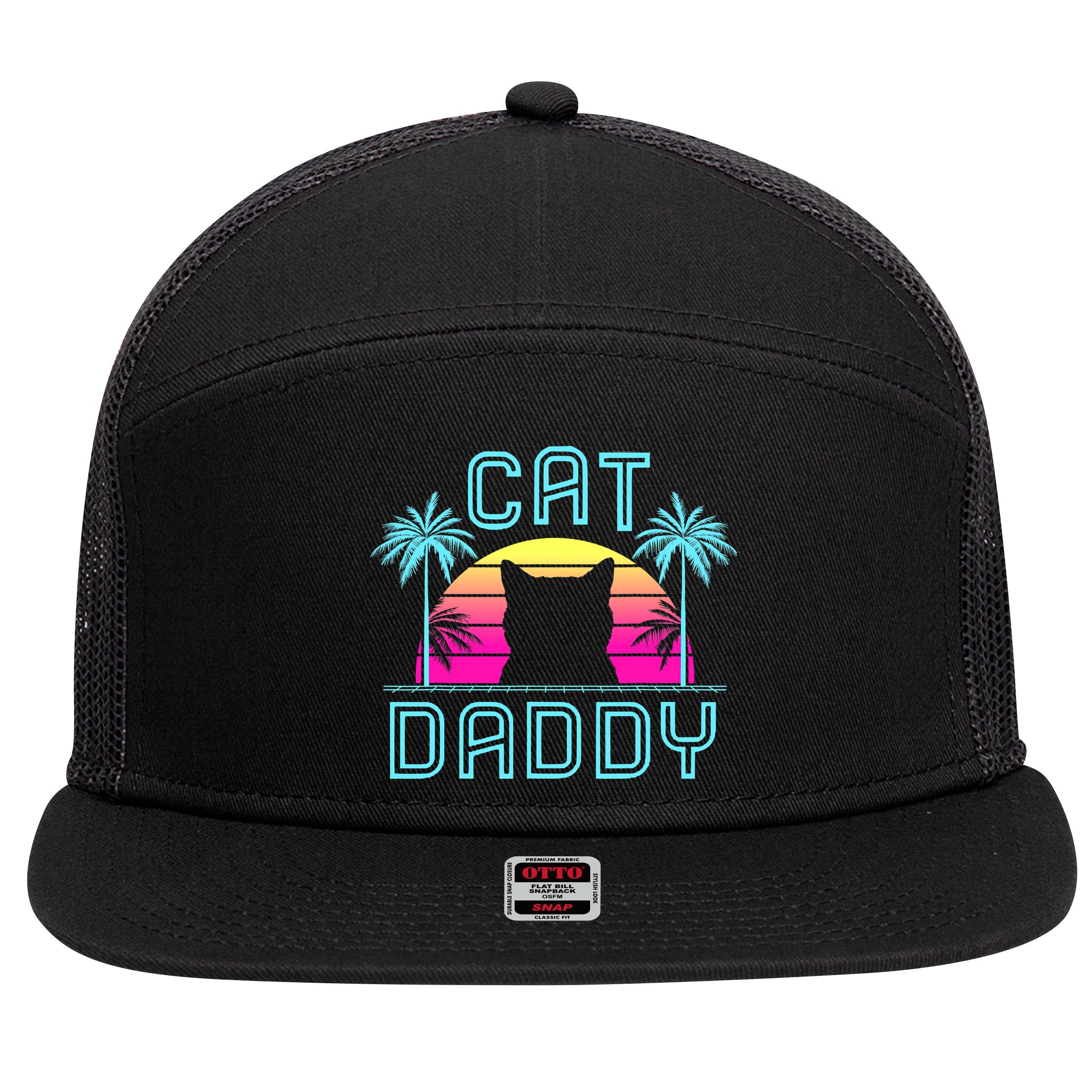 Cat Daddy Dad fathers day retro cat papa 7 Panel Mesh Trucker Snapback Hat