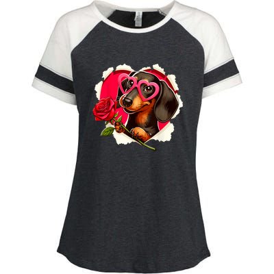 Cute Dachshund Dog Heart Glasses Lover Rose Gift For Valentines Day Enza Ladies Jersey Colorblock Tee