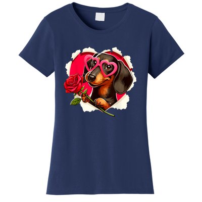 Cute Dachshund Dog Heart Glasses Lover Rose Gift For Valentines Day Women's T-Shirt