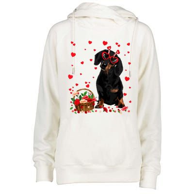 Cute Dachshund Dog Valentines Day Gifts Puppy Heart Flowers Womens Funnel Neck Pullover Hood