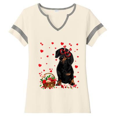 Cute Dachshund Dog Valentines Day Gifts Puppy Heart Flowers Ladies Halftime Notch Neck Tee