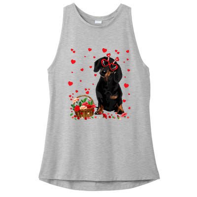 Cute Dachshund Dog Valentines Day Gifts Puppy Heart Flowers Ladies PosiCharge Tri-Blend Wicking Tank