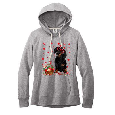 Cute Dachshund Dog Valentines Day Gifts Puppy Heart Flowers Women's Fleece Hoodie