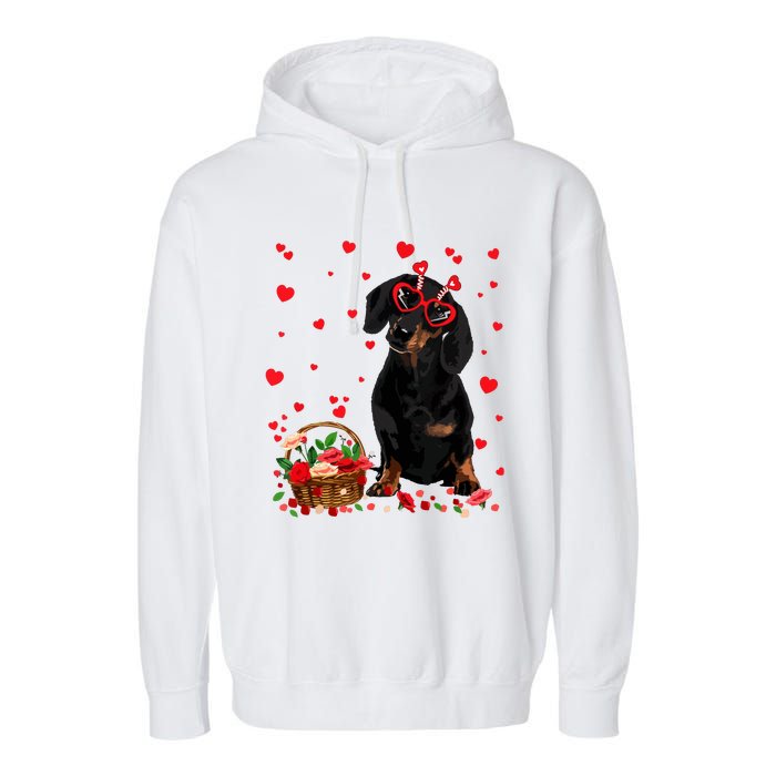 Cute Dachshund Dog Valentines Day Gifts Puppy Heart Flowers Garment-Dyed Fleece Hoodie