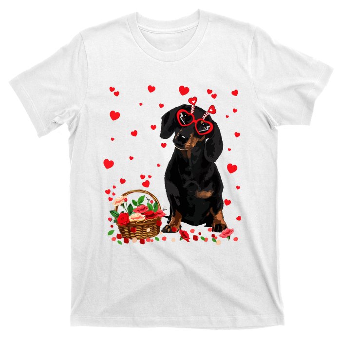 Cute Dachshund Dog Valentines Day Gifts Puppy Heart Flowers T-Shirt