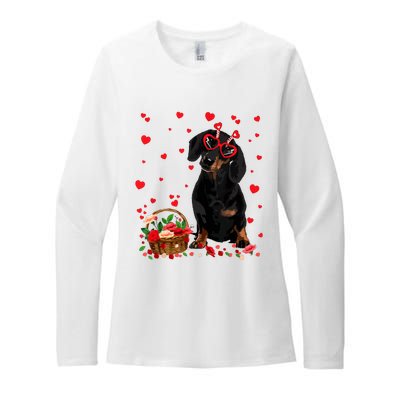 Cute Dachshund Dog Valentines Day Gifts Puppy Heart Flowers Womens CVC Long Sleeve Shirt