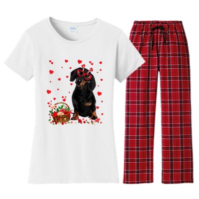 Cute Dachshund Dog Valentines Day Gifts Puppy Heart Flowers Women's Flannel Pajama Set