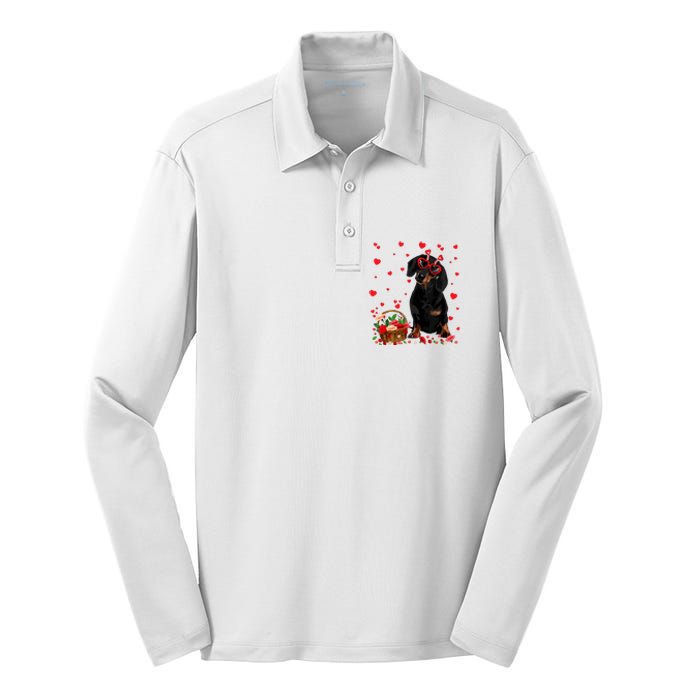 Cute Dachshund Dog Valentines Day Gifts Puppy Heart Flowers Silk Touch Performance Long Sleeve Polo