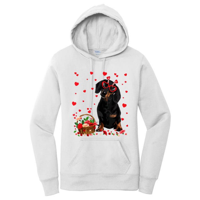 Cute Dachshund Dog Valentines Day Gifts Puppy Heart Flowers Women's Pullover Hoodie