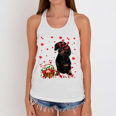 Cute Dachshund Dog Valentines Day Gifts Puppy Heart Flowers Women's Knotted Racerback Tank