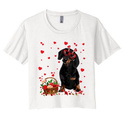 Cute Dachshund Dog Valentines Day Gifts Puppy Heart Flowers Women's Crop Top Tee