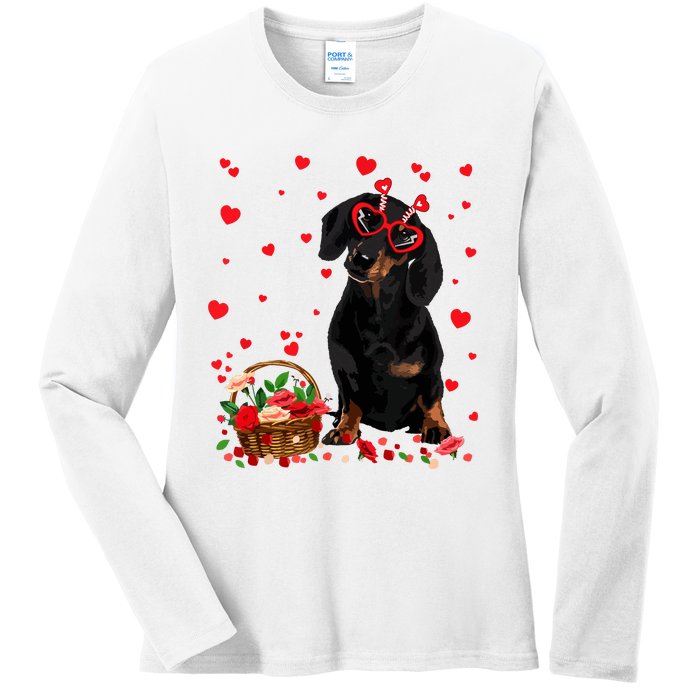 Cute Dachshund Dog Valentines Day Gifts Puppy Heart Flowers Ladies Long Sleeve Shirt