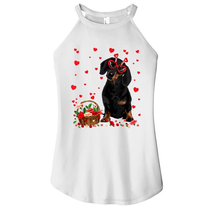 Cute Dachshund Dog Valentines Day Gifts Puppy Heart Flowers Women's Perfect Tri Rocker Tank