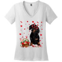 Cute Dachshund Dog Valentines Day Gifts Puppy Heart Flowers Women's V-Neck T-Shirt