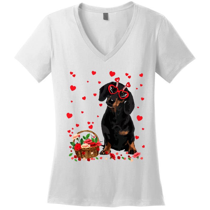 Cute Dachshund Dog Valentines Day Gifts Puppy Heart Flowers Women's V-Neck T-Shirt