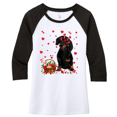 Cute Dachshund Dog Valentines Day Gifts Puppy Heart Flowers Women's Tri-Blend 3/4-Sleeve Raglan Shirt