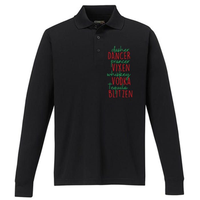 Christmas Dasher Dancer Prancer Vixen Whiskey Vodka Performance Long Sleeve Polo