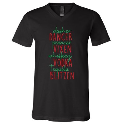 Christmas Dasher Dancer Prancer Vixen Whiskey Vodka V-Neck T-Shirt