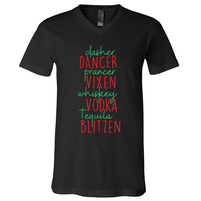 Christmas Dasher Dancer Prancer Vixen Whiskey Vodka V-Neck T-Shirt