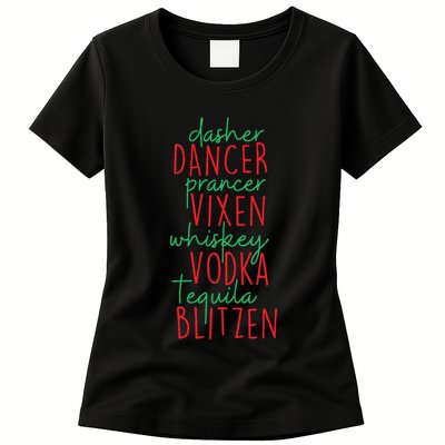 Christmas Dasher Dancer Prancer Vixen Whiskey Vodka Womens T-Shirt