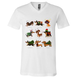 Christmas Deer Dachshund Custom Dog Name Santa Hat Xmas Tree V-Neck T-Shirt