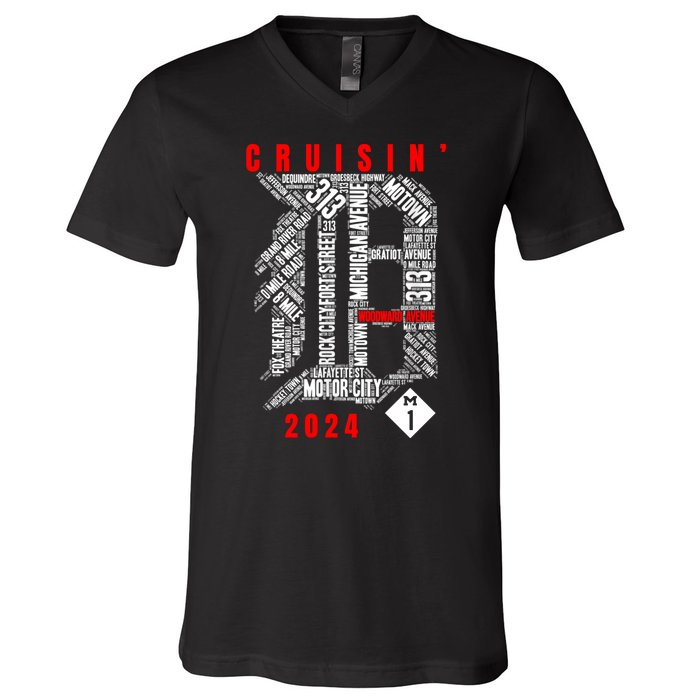 Cruisin Detroit D Woodward Avenue Ave 2024 M1 V-Neck T-Shirt