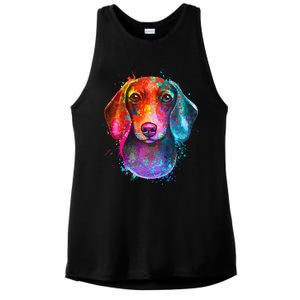 Colorful Dachshund Dog funny pet lover Ladies PosiCharge Tri-Blend Wicking Tank