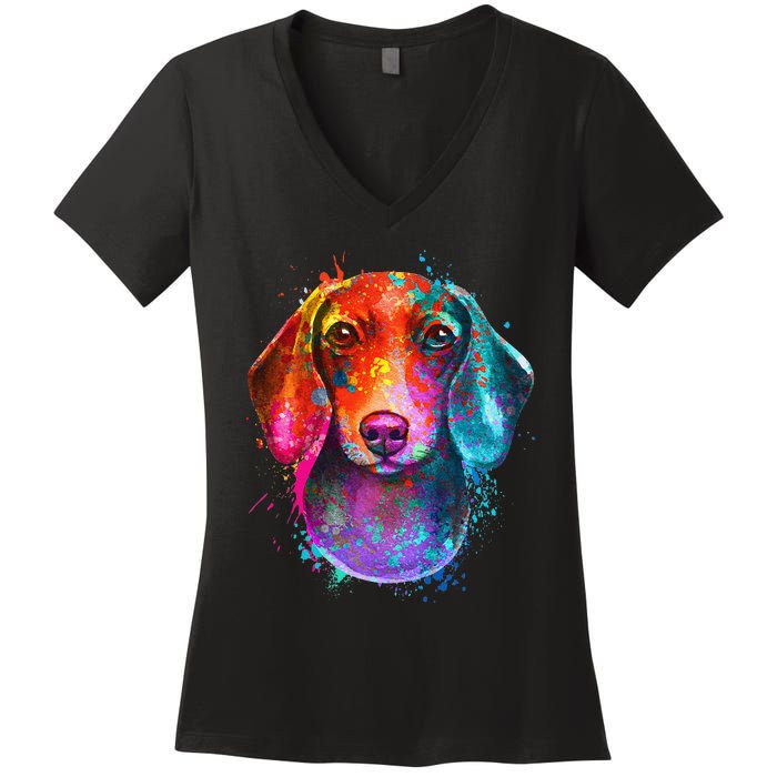 Colorful Dachshund Dog funny pet lover Women's V-Neck T-Shirt