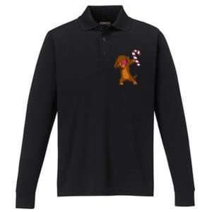 Christmas Dabbing Dachshund Puppy Dog Candy Cane Dance Gift Performance Long Sleeve Polo