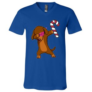 Christmas Dabbing Dachshund Puppy Dog Candy Cane Dance Gift V-Neck T-Shirt