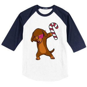 Christmas Dabbing Dachshund Puppy Dog Candy Cane Dance Gift Baseball Sleeve Shirt