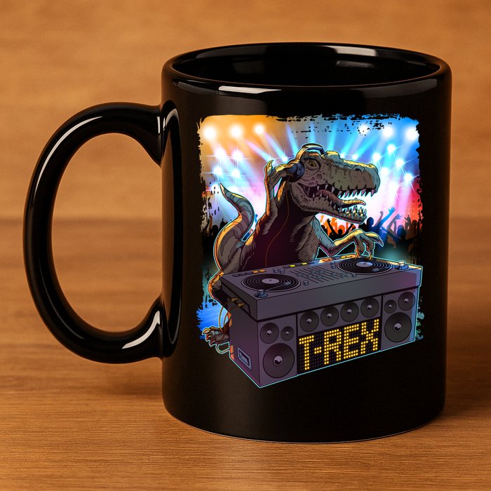 Cool DJ Dance Party TRex Dinosaur 11oz C Handle Ceramic Mug