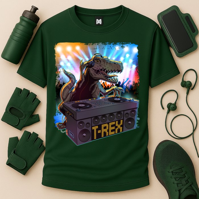 Cool DJ Dance Party TRex Dinosaur Cooling Performance Crew T-Shirt