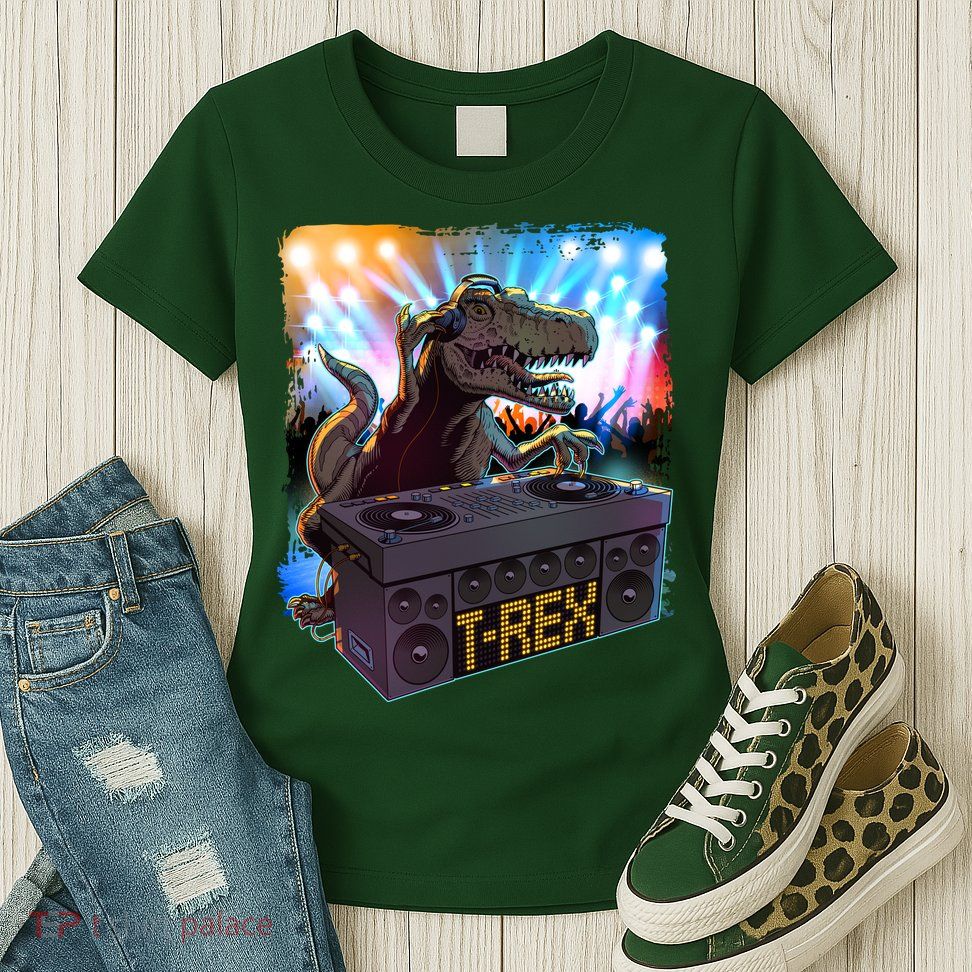Cool DJ Dance Party TRex Dinosaur Womens T-Shirt