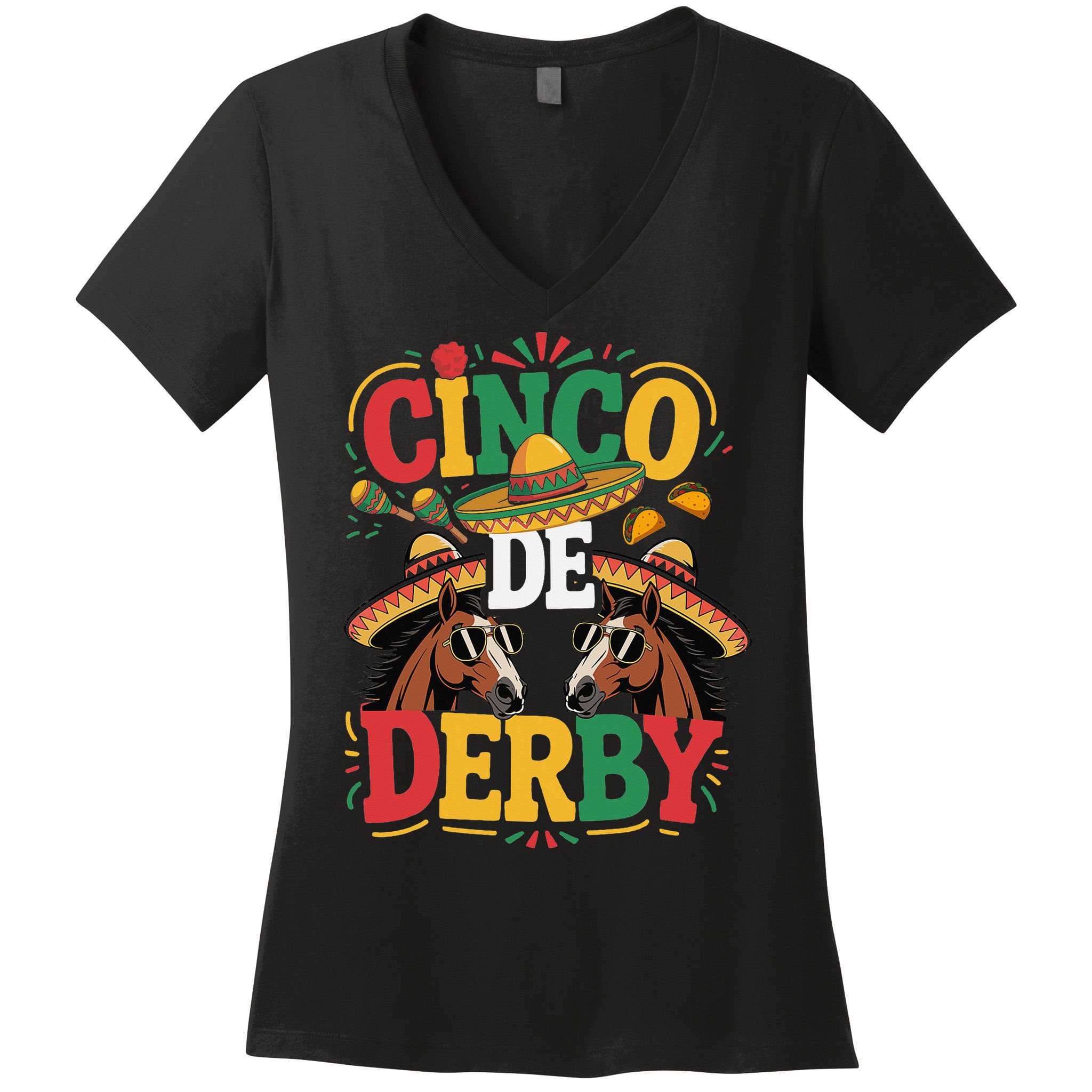 Cinco De Derby Funny Derby De Mayo Taco Horse Racing Women's V-Neck T-Shirt
