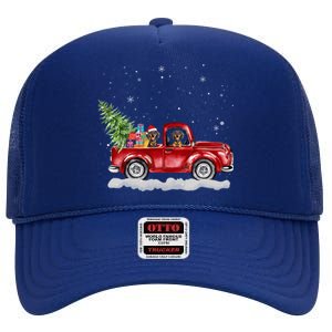 Christmas Dachshund Dogs Ride Red Truck Costumer Gift High Crown Mesh Back Trucker Hat