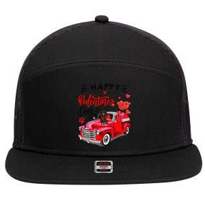 Cute Dachshund Dog Red Truck Happy Valentines Day Valentine 7 Panel Mesh Trucker Snapback Hat