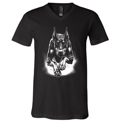 Cool Doberman Dog In Jump V-Neck T-Shirt