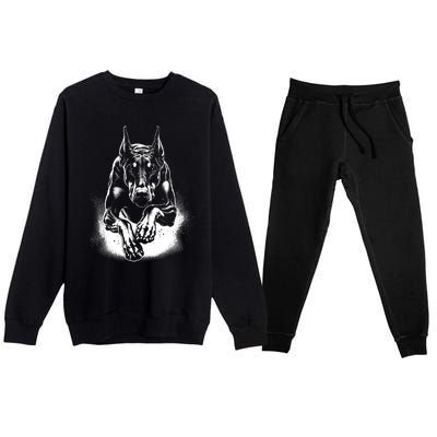 Cool Doberman Dog In Jump Premium Crewneck Sweatsuit Set