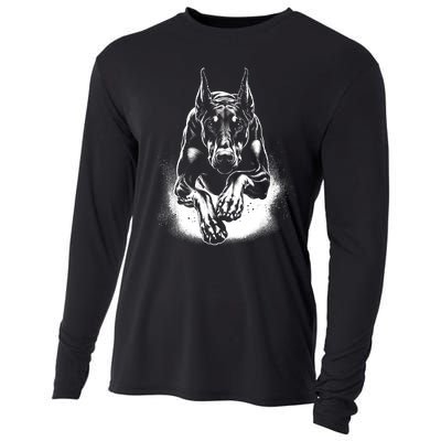 Cool Doberman Dog In Jump Cooling Performance Long Sleeve Crew