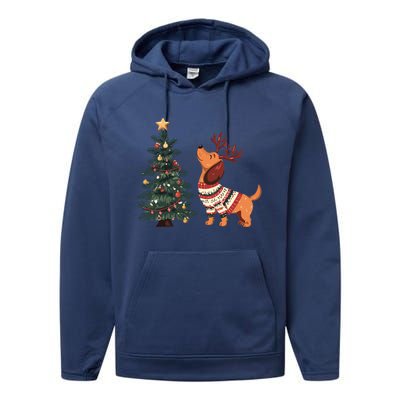 Cute Dachshund Decorate Christmas Tree Merry Xmas Dog Lover Gift Performance Fleece Hoodie