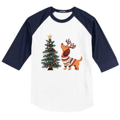 Cute Dachshund Decorate Christmas Tree Merry Xmas Dog Lover Gift Baseball Sleeve Shirt