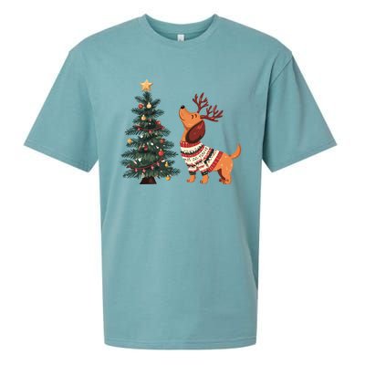 Cute Dachshund Decorate Christmas Tree Merry Xmas Dog Lover Gift Sueded Cloud Jersey T-Shirt