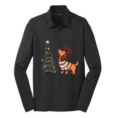 Cute Dachshund Decorate Christmas Tree Merry Xmas Dog Lover Gift Silk Touch Performance Long Sleeve Polo