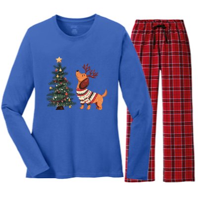 Cute Dachshund Decorate Christmas Tree Merry Xmas Dog Lover Gift Women's Long Sleeve Flannel Pajama Set 