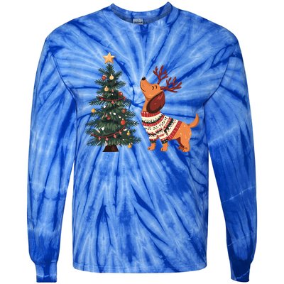 Cute Dachshund Decorate Christmas Tree Merry Xmas Dog Lover Gift Tie-Dye Long Sleeve Shirt