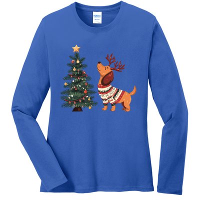 Cute Dachshund Decorate Christmas Tree Merry Xmas Dog Lover Gift Ladies Long Sleeve Shirt